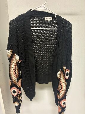 ADORA Black Open-Weave Cardigan with Multicolor Floral Sleeves